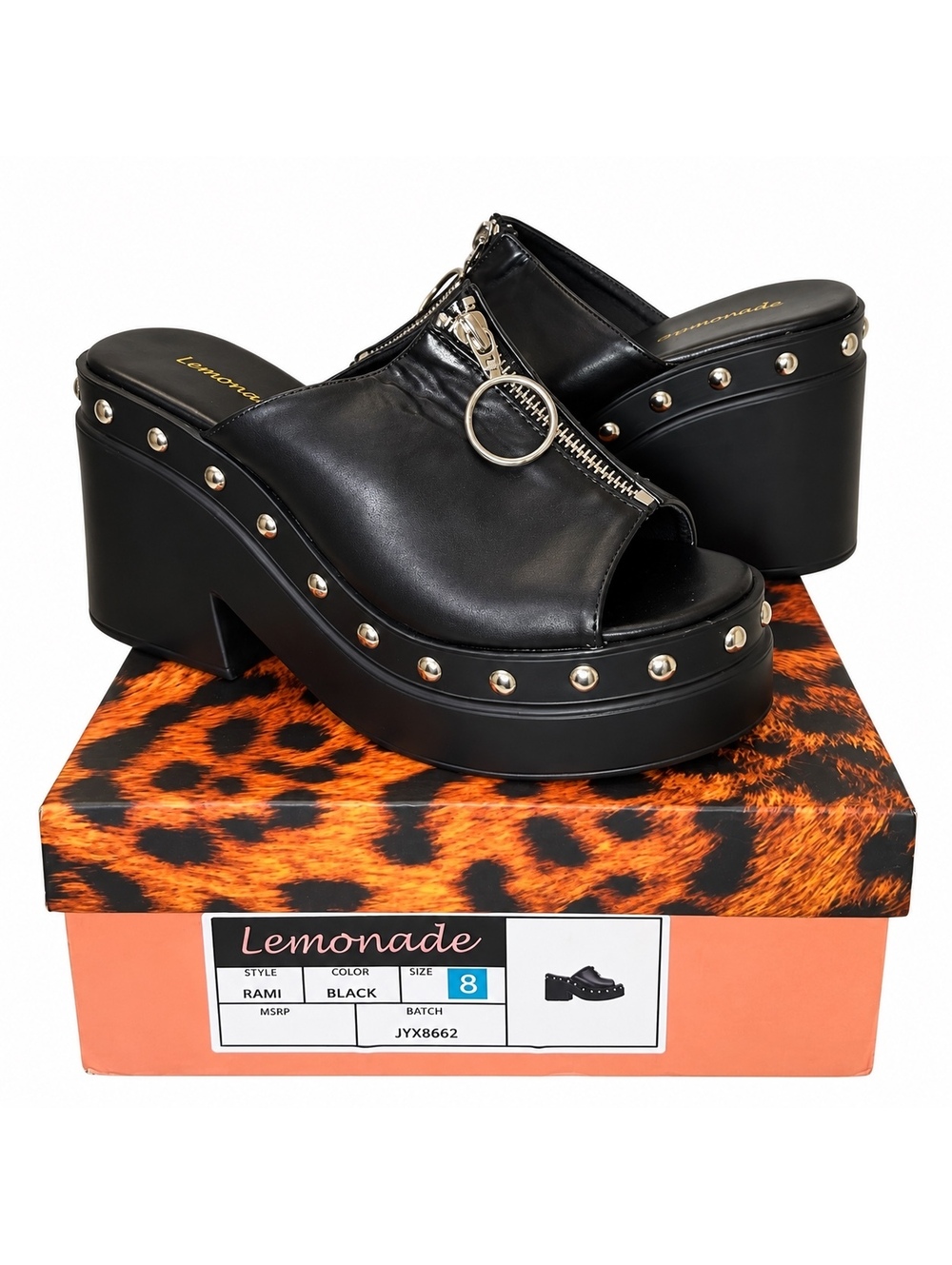 Dolls Kill Lemonade Rami Black Platform Mules Size 8 NWB Studded Zip Goth Y2K